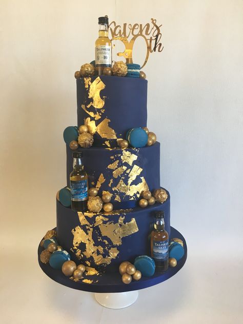 3 tier Navy 30th birthday cake with edible gold leaf, macarons and gold chocolate decorations Navy Blue And Gold Birthday Cake For Men, Modern 18th Birthday Cake, Navy Gold Birthday Party, 40th Birthday Ideas For Men Blue And Gold, 3 Tier Cake For Men, 18th Birthday Cake 3 Tier, 3tier Birthday Cake, Navy Blue And Gold Cake For Men, Navy And Gold Birthday Cake