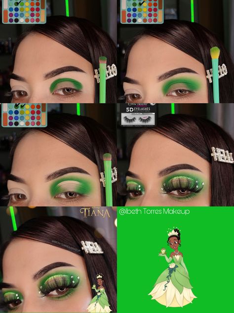 Princess Tiana Eye Makeup, Princess Tiana Makeup Ideas, Princess And The Frog Makeup Look, Princess Tiana Makeup Look, Tiana Makeup Look, Princess And The Frog Makeup, Princess Tiana Outfit Ideas, Princess Tiana Makeup, Disney Makeup Ideas