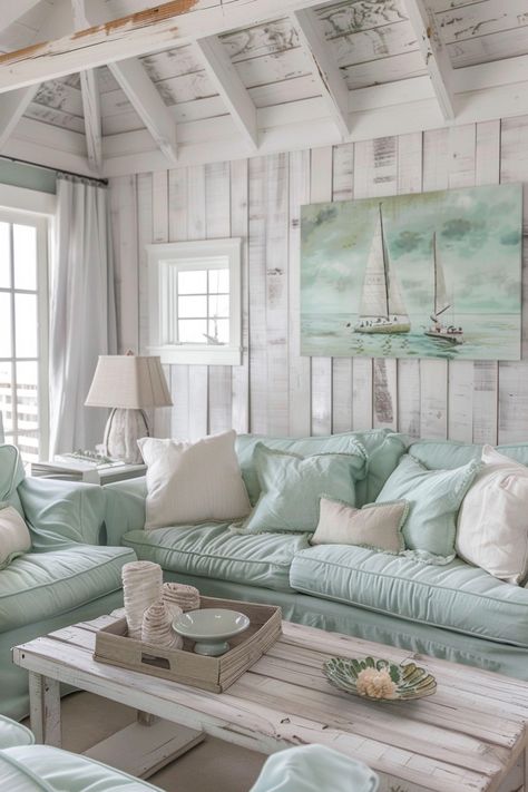 Sea Glass Inspired Living Room, Coastal Couches Furniture, Cottage Beach House Decor, Cozy Coastal Home, Coastal Sunroom Ideas, Seaside Living Room, Small Beach House Living Room, Small Beach Condo Decorating Ideas, Beach Cabin Interior