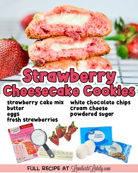 Strawberry Cheesecake Cookies have a bright, fruity cookie outside with a creamy, tangy cream cheese filling. They are made with cake mix & other simple ingredients! Strawberry Cake Mix Cookies With Cream Cheese, Cheesecake Crunch, Strawberry Cake Cookies, Strawberry Cream Cheese Cookies, Cherry Chip Cake Mix, Strawberry Cheesecake Cookies, Quick And Easy Sweet Treats, Fruity Cookies, Cheese Cake Filling