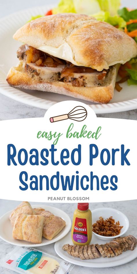 This tender roasted pork sandwich has caramelized onions, mustard, and melted cheese on ciabatta bun. It makes a quick and easy weeknight dinner with some leftover pork tenderloin or pork loin. Pork Burgers In Air Fryer, Leftover Pork Tenderloin, Roast Pork Sandwich, Pork Tenderloin Sandwich, Recipes Pork, Leftover Pork, Roasted Pork Tenderloins, Roasted Pork, Thanksgiving Food Desserts