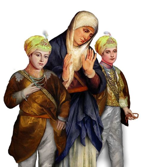 Mata Gujri Ji at Fatehgarh sahib with Chote sahebzade Mata Gujri Ji Chote Sahibzade, Chotte Sahibzade Pics, Chote Sahibzade, Mata Gujri Ji, Char Sahibzade, Char Sahibzade Pics, Guru Wallpaper, Guru Tegh Bahadur, Sikh Art