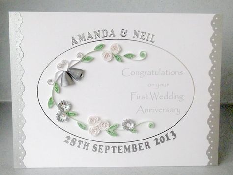 First 1st wedding anniversary card quilled by PaperDaisyCards Silver Wedding Cards, Diamond Wedding Anniversary Cards, 60th Wedding Anniversary, Anniversary Cards Handmade, Paper Quilling Flowers, Anniversary Congratulations, Paper Daisy, 60 Wedding Anniversary, Daisy Cards