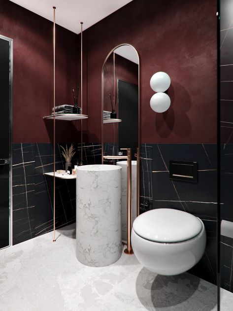 Dark Red Bathroom, Cherry Bathroom, Burgundy Bathroom, Luxury Bathroom Design, Luxury Bathroom Master Baths, Modern Small Bathrooms, Luxury Master Bathrooms, Red Bathroom, Toilet Art