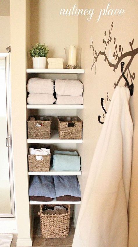 Hometalk :: Installing built in bathroom shelves Built In Bathroom Storage, Diy Closet Storage, Closet Room Organizer, Rangement Makeup, Closet Redo, Shelf Arrangement, Diy Bathroom Storage, Inspiration Bathroom, Shelf Bathroom