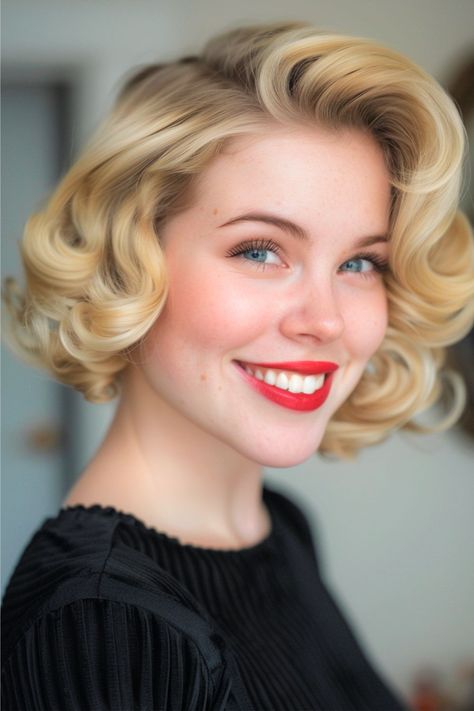 Retro-Inspired Finger Waves Short Hairstyle. Short Hair Hollywood Waves, Short Wavy Hairstyles For Women Messy, Short Wavy Hairstyles With Bangs, Old Hollywood Hair Short, Wavy Hairstyles For School, Old Short Hairstyles, Soft Finger Waves, Hairstyles For Women Wedding, Wavy Hairstyles With Bangs