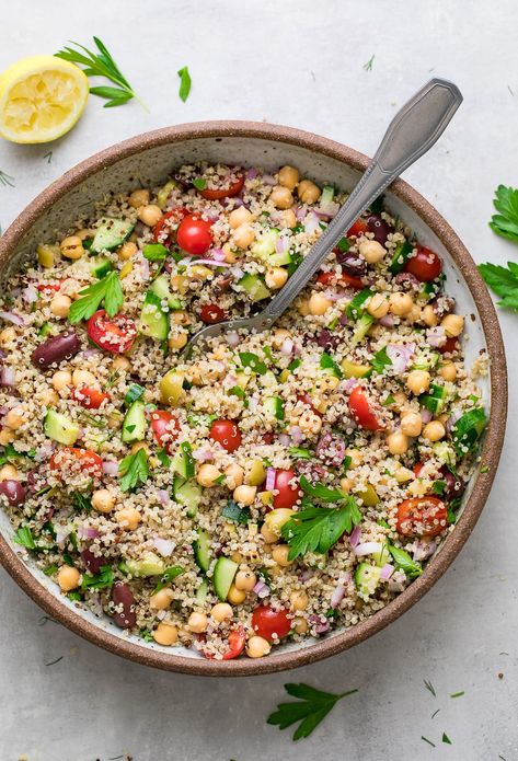 Greek Quinoa Salad recipe is a Mediterranean inspired side or main dish featuring quinoa, chickpeas, cucumber, olives, and fresh herbs that's super flavorful, easy to make and a crowd-pleasing favorite! Medditeranean Quinoa Salad, Easy Greek Chickpea Salad, Mediterranean Chickpea Quinoa Salad, Moroccan Chickpea Quinoa Salad, Crowded Kitchen Greek Chickpea Salad, Main Dish For Potluck, Meal Prep Vegan, Greek Quinoa, Lemon Quinoa