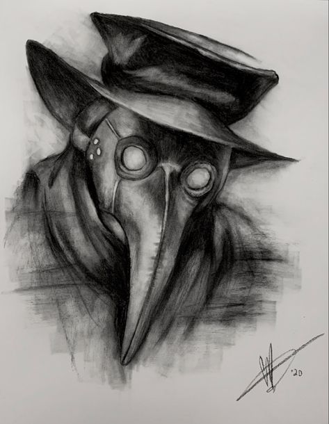 Charcoal on paper. Black Plague Doctor Drawing, Plague Mask Drawing, Plauge Doctor Drawings, Plague Doctor Sketch, Plague Doctor Drawing, Doctor Sketch, Lost Thoughts, Horror Drawings, Black Plague Doctor