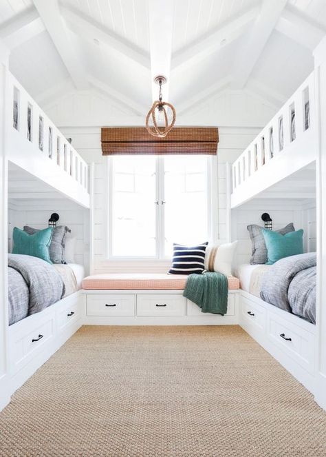 Spending all day out on the water and in the fresh air makes for reinvigorating naps and long, cool dream filled evenings. We found some amazing lake house sleeping quarters that will inspire and h… Lakehouse Bedroom, Bunk Beds Built In, Built In Bunks, Bunk Rooms, Bunk Bed Designs, House Bedrooms, Casa Vintage, Coastal Bedrooms, Kids Bunk Beds