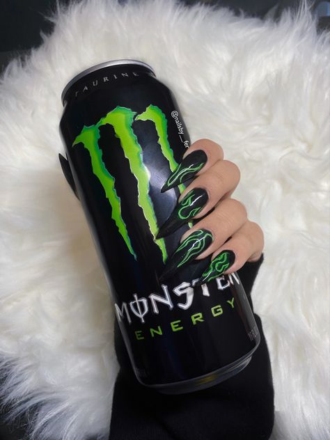 Fire green neon nails, set with black acrylic #aestheticnails #nailtutorial #tiktok Green Neon Nails, Neon Green Nails, Monster Energy Drink, Masks Diy, Games Diy, Halloween Recipe, Edgy Nails, Grunge Nails, Wallpaper Halloween