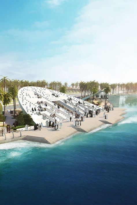 Jeddah F1 Promenade is one of those projects that has been brought to life in record time, including both the design process and construction development. Hetzel Design team was in charge of the masterplan and urban design, as well as the architectural design of restaurants and retail facilities surrounding the track. Beach Urban Design, Promenade Architecture, Promenade Design, Waterfront Design, Beach Pavilion, Waterfront Architecture, Car Community, Architecture Portfolio Layout, Floating Architecture