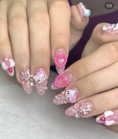 Kawaii Nails Acrylic, Junk Nails, Kitty Nails, Cute Simple Nails, Finger Nail Art, Vintage Nails, Hello Kitty Nails, Pretty Nail Art Designs, Really Cute Nails