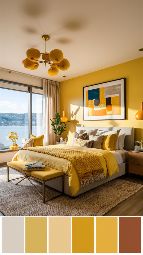 Cheerful yellow bedroom with vibrant decor, featuring soft pastels and bold hues, bright accents, and stylish accessories, creating a warm and inviting space. Yellow Interior Design Bedroom, Yellow Modern Bedroom, Yellow Bedroom Paint Colors, Light Yellow Bedroom Ideas, Mustard Yellow Bedroom Walls, Room Inspo Yellow, Colour Combination Bedroom, Yellow Room Aesthetic, Yellow Bedroom Decor Ideas