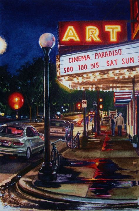 Art Theater, Champaign Painting Of A Couple, Theater Art, Couple Walking, Watercolor Landscapes, Contemporary Watercolor, Foreign Film, Theatre Arts, Art Books, Small Paintings