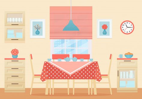 Dining room interior. illustration. flat design. | Premium Vector Dinig Room, Children's Book Layout, Doll House Bedroom, Hostel Room, Dining Room Interior, Web Design Mobile, Illustration Flat, Coffee Shops Interior, Dining Room Interiors