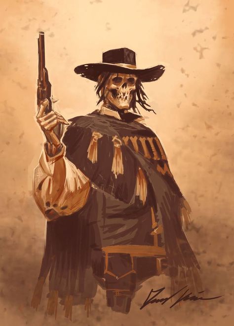 Skeleton Gunslinger, Gunslinger Tattoo, Western Gunslinger, Gunslinger Art, Western Gunslinger Art, Cowboy Character Design, Cowboy Artwork, Western Artwork, Theme Tattoo