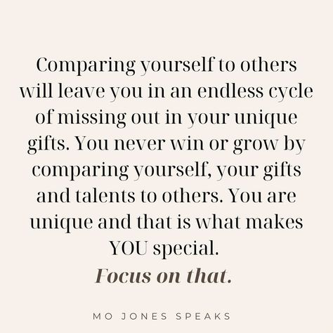 Comparison is the thief of joy. ⁣ ⁣ Comparing yourself to others will leave you in an endless cycle of missing out in your unique gifts. You never win or grow by comparing yourself, your gifts and talents to others. You are unique and that is what makes YOU special. Focus on that.⁣ ⁣ There are so many beautiful parts of you that make you special. Don’t lose sight of that by comparing yourself to others. ⁣ ⁣ You will never be another person. And there will never be anyone like you. But you can... Compare Yourself To Others Quotes, Dont Compare Yourself To Others Quotes, Don't Compare Yourself To Others, Comparison Quotes, Winning Quotes, Compare Quotes, Comparing Yourself, Dont Compare, Don't Compare