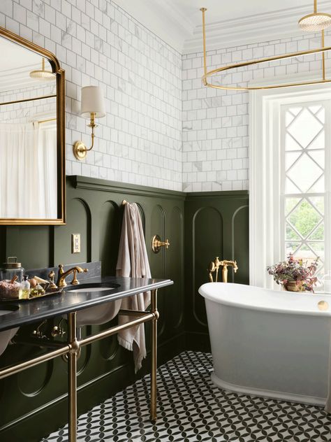 Fixer Upper Designs, Edwardian Bathroom, Dark Green Bathrooms, Vintage Style Bathroom, Black And White Tiles, Chip And Joanna Gaines, Upstairs Bathrooms, Stylish Bathroom, Green Bathroom