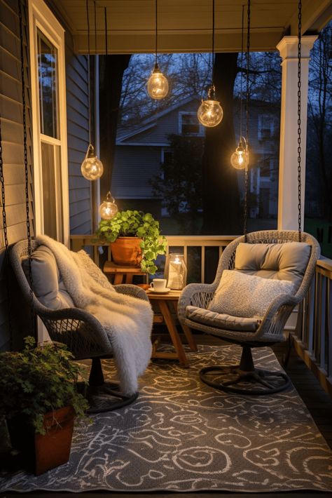 front porch with string lights Small Front Porch Seating Ideas Cozy, Small Back Porch Decorating Ideas, Small Back Porch Ideas Covered Patios, Small Front Porch Bench, Front Patio Ideas Entryway, Small Screened In Porch Decorating Ideas Cozy, Small Porch Furniture, Small Front Porch Seating, Reading Porch