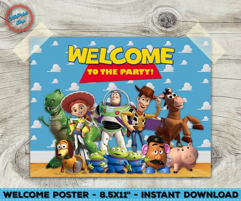 Toy Story welcome poster Toy Story printable poster Toy Background Cake, Party Photo Background, Studio Booth, Blue Sky White Clouds, Theme Photography, Party Fotos, Cake Table Decorations, Toy Story Birthday Party, Cartoon Toys