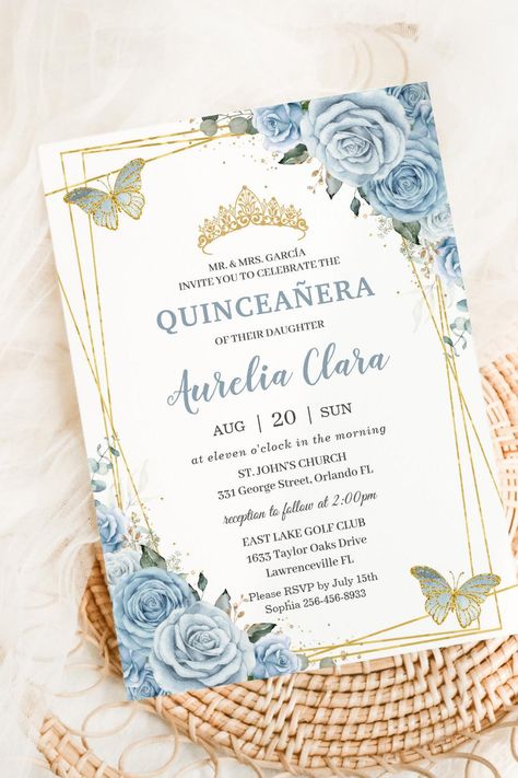 Quinceañera Baby Blue Floral Gold Butterflies 16th Invitation Quinceanera Blue Theme, Blue Butterfly Quinceanera Theme, Baby Blue Quinceanera Theme, Butterfly Quinceanera Theme, Blue Quinceanera Theme, Butterfly Quince, Quinceanera Blue, Baby Blue Quinceanera, 15th Birthday Decorations