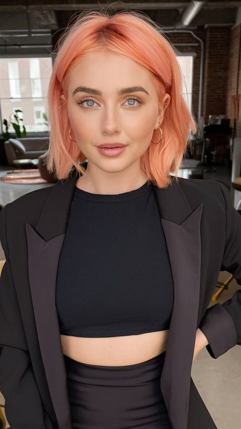 Top 23 Peach Hair Color Ideas for 2025: From Soft Coral Pastel to Bold Rose Gold Copper And Peach Hair, Peach Hair Color Rose Gold, Hair Color With Dark Roots, Peach Color Hair, Dark Peach Hair, Pink Coral Hair, Pastel Peach Hair, Rose Gold Bob, Peach Blonde Hair