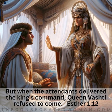 Bible Verse: Esther 1:12       But when the attendants delivered the king’s command, Queen Vashti refused to come. Vashti’s story in the Book of Esther is often … Queen Ester, Queen Esther Bible Story, Queen Vashti, Queen Esther Bible, King Xerxes, The Book Of Esther, Esther Bible, Book Of Esther, Doers Of The Word