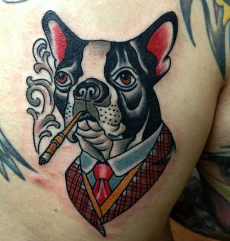 French bulldog tattoo Boston Terrier Tattoo, French Bulldog Tattoo, Bulldog Tattoo, Tattoo Dog, New Tattoo Designs, Tattoo Traditional, Traditional Tattoo Design, Arrow Tattoos, Traditional Tattoo Flash