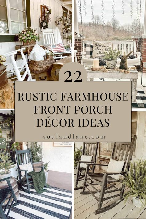 Install a porch swing made from reclaimed wood, complete with cozy cushions for a touch of nostalgia. Arrange a collection of vintage watering cans or farm tools as decorative accents with history and character. A jute or braided rug underfoot adds texture and anchors the space. For a festive look, drape garlands of greenery or fairy lights around the porch perimeter. These decorating ideas channel the timeless appeal of the farmhouse aesthetic, creating a welcoming entrance that’s brimming with Wraparound Porch Decor, Wrap Around Porch Decor, Wrap Around Porch Decorating Ideas, Country Porches Farmhouse, Porch Wall Decor Ideas, Long Front Porch Decorating Ideas, Covered Front Porch Ideas, Country Porch Decor, Rustic Farmhouse Front Porches