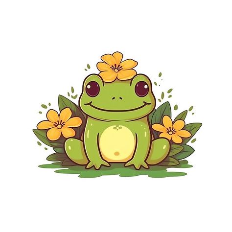 Cute Cottagecore Frog in Summer Flowers Animated Frog Tattoo, Animated Frog Drawings, Cute Frog Kawaii, Cute Frogs To Draw, Frog With Flower Hat Drawing, Drawing Frog Cute, Cartoon Frog Painting, Animals With Flowers Drawing, Frog With Crown Drawing