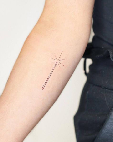 Simple Wand Tattoo, Harry Potter Delicate Tattoo, Harry Potter Wand Tattoo Design, Fairy Godmother Wand Tattoo, Magic Wand Tattoo Small, Lumos Wand Tattoo, Wand Harry Potter Tattoo, Shades Of Magic Tattoo, Hermione Wand Tattoo