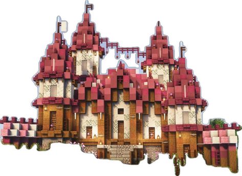 Pink, Castle, cottagecore, Minecraft, cute, aesthetic Minecraft Building Inspo Aesthetic, Pink Minecraft Village, Purple Minecraft Builds, Pink Castle Minecraft, Mini Minecraft Houses, Minecraft House Ideas Aesthetic, Minecraft Pink Castle, Cute Minecraft Builds Easy, Fairy Minecraft Builds