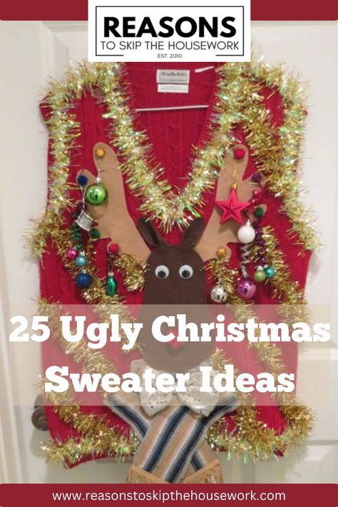 an image of a sweater with Red-Nosed reindeer and Christmas bowtie decorations Ugly Christmas Sweater Ideas, Reindeer Ugly Sweater, Reindeer Ugly Christmas Sweater, Holiday Sweater Party, Christmas Sweater Ideas, Ugly Christmas Sweater Contest, Christmas Party Wear, Ugly Sweater Diy, Diy Ugly Christmas Sweater