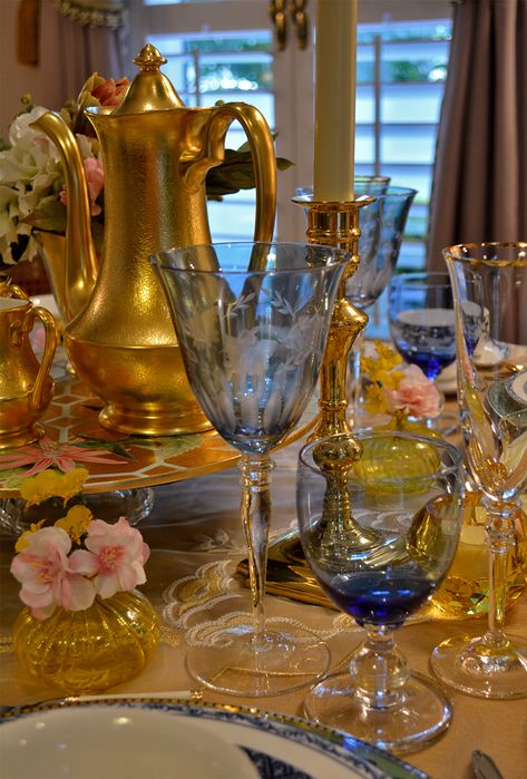 Candlesticks Centerpiece, Brass Candlesticks Centerpiece, Pickard China, Crystal Cake Stand, Crystal Cake, Linen Cocktail Napkins, Candle Shades, Gold Flatware, Easter Tablescapes