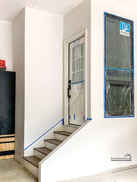 How to build and install staircase in garage - mudroom - #thdprospective Garage House Entry, Stairs From Garage To House, Mudroom In Garage Diy, Building A Laundry Room In Garage, Laundry Room Addition In Garage, Framing A Mudroom In Garage, Build A Mudroom In Garage, Build Mudroom In Garage, Mudroom Door To Garage