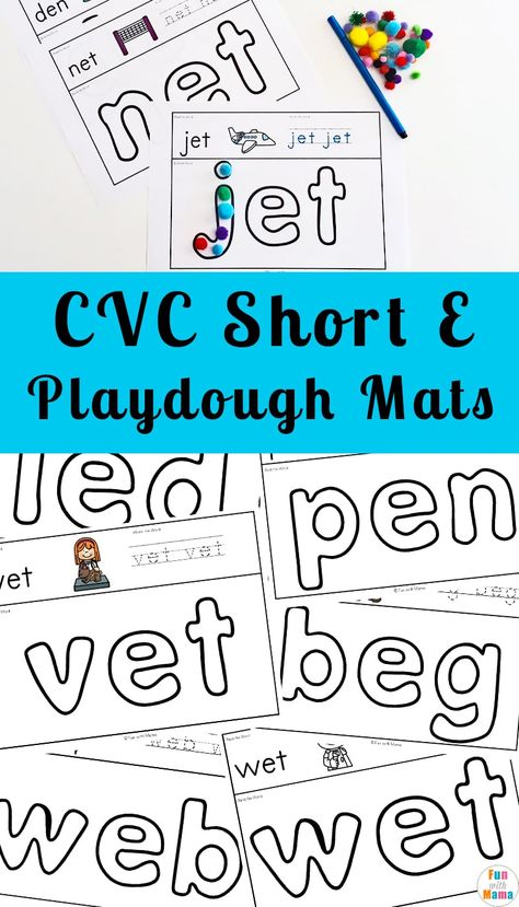 Free Printable and Educational Short E Sound Playdough Mats with Fun with Mama. Perfect for homeschool preschool and kindergarten aged children. #playdough #sightwords #mats #freeprintables #resource #playbasedlearning #preschool #homeschool Short E Sound, Word Work Kindergarten, Cvc Words Kindergarten, Elementary Learning, Playbased Learning, Preschool Homeschool, Kids Literacy, Cvc Word, Playdough Mats