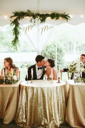 glam gold Mr. & Mrs. reception table - photo by Kaytee Lauren Wedding Reception Head Table, Reception Head Table, Bridal Party Tables, Head Table Wedding, Head Tables, Wedding Party Table, Head Table, Wedding Dinner, Glam Wedding