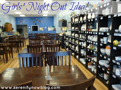 Girls' Night Out Idea: Pottery Painting! via Serenity Now Paint Your Own Pottery Studio Design, Paint Your Own Pottery Studio, Pottery Painting Studio, Clay Cafe, Cafe Interiors, Pottery Cafe, Small Art Studio, Moms' Night Out, Bisque Pottery