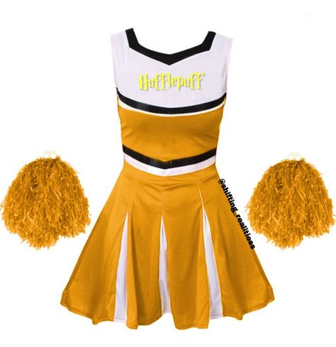 Cheerleading Outfits Yellow, Yellow Cheerleader Uniform, Shifting Hogwarts, Hufflepuff Outfit, Alice In Wonderland Props, Harry Potter Hoodie, Hogwarts Uniform, Sewing Humor, Hogwarts Outfits