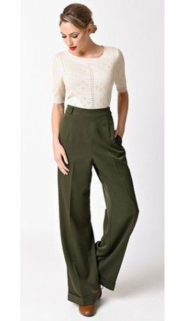 Banned 1940s Olive Green High Waist Party On Stretch Pants High Waisted Olive Pants, Olive Green High Waisted Pants Outfits, Olive Green Pants Outfit Women Work, Olive Green Slacks Outfit Women, Olive Trouser Outfit Women, Olive Green Clothing, Olive Green Trousers Outfit Women, How To Style Olive Green Pants, Olive Outfits For Women