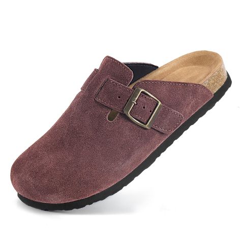 PRICES MAY VARY. Discover ultimate comfort and style in suede clogs. Our upper crafted with high-quality leather clogs for women , suede clogs for women blend durability and aesthetics seamlessly. the adjustable metal buckle strap ensures a perfect fit, embracing your foot's contours. Indulge in effortless pleasure as you walk with suede clogs for women natural cork insole. Its lightweight design, perfectly contoured to your foot, relieves pressure for a truly delightful experience. Elevate your Slippers With Arch Support, Clogs For Women, Suede Clogs, Clog Shoes, Clog Slippers, Womens Mules, Brand Concept, Leather Clogs, Womens Clogs