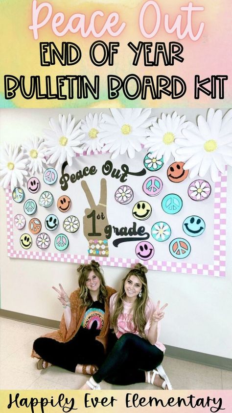 Hippie Bulletin Board Ideas, Groovy Year Bulletin Board, Peace Out Bulletin Board, Good Vibes Bulletin Board, Peace Bulletin Board Ideas, End Of The Year Bulletin Board Preschool, Retro Classroom Bulletin Board, Checkered Bulletin Board, End Of Year Bulletin Boards Elementary