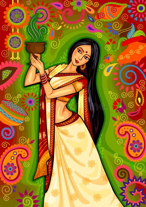 Indian woman doing dhunuchi dance of Bengal during Durga Puja Dussehra celebration in India stock illustration Dhunuchi Dance, Dussehra Celebration, Bengali Art, Indian Illustration, Durga Painting, Indian Art Gallery, Dance Paintings, Indian Painting, Madhubani Art