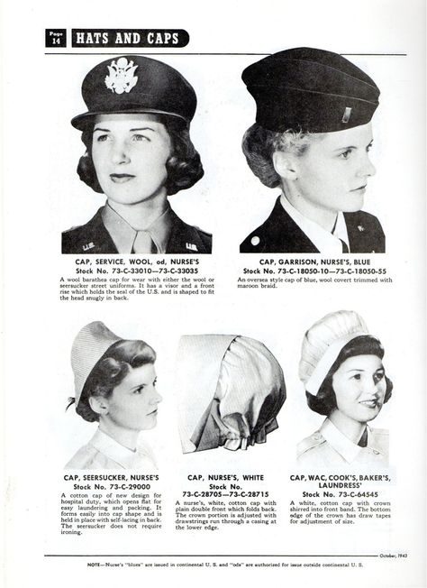 From the Army Quartermaster's Book of Uniforms for WACs, and Nurses. This page describes the different caps that nurses wore. Bottom left is the brown and white seersucker cap which was worn with the matching uniform. It laced in the back to hold shape, and unlaced to become flat, easy to launder and pack, no ironing required. The center bottom cap is the traditional white nurse's cap which had a gather at the back neckline to adjust the size and fit. Ww2 Nurse Uniform, Ww2 Nurse, History Of Nursing, Ww2 Women, Vintage Nursing, Wwii Women, Women's Army Corps, Flight Nurse, Army Nurse