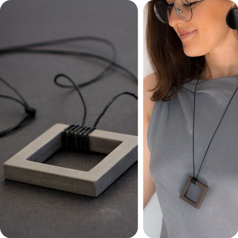 Modern Metal Necklace With Square Pendant, Geometric Silver Necklace For Gift, Black Geometric Necklace For Gift, Unique Handmade Geometric Necklace, Modern Silver Geometric Necklace, Wearable Sculpture, Gift Idea For Women, Urban Jewelry, Concrete Jewelry