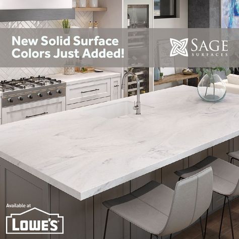 📣 Lowe's now has 45 allen + roth solid surface countertop colors that are sure to inspire! Start designing your new countertops today with 8 free edge choices and a free stainless steel sink with your countertop purchase. See the exciting new colors: https://drive.google.com/file/d/1A64Epihc204hWmWXN-lcZTp-lHD_iUzs/view?usp=sharing #sagesurfaces #lowes #allenandroth #solidsurfacecountertops #countertops #kitchencountertops Solid Surface Countertops Kitchen, Countertop Samples, Cost Of Countertops, Broadway Street, White Kitchen Countertops, White Granite Countertops, Island Counter, Corian Countertops, Solid Surface Countertops