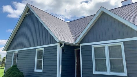 Alside Prodigy Insulated Lap and Board & Batten siding in Ageless Slate - Transitional - Columbus - by Ohio Exteriors | Houzz Board Batten Siding, Transitional Home Design, Blue Siding, Slate Board, Board Batten, Trim Board, Stamped Concrete Patio, Lap Siding, Board And Batten Siding