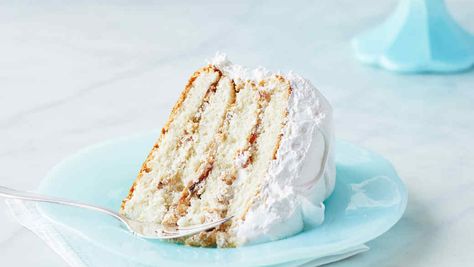 White cake is layered with a fruit and nut filling and slathered with fluffy frosting in this traditional Southern dessert. Martha made this recipe on Martha Bakes episode 709. Lady Baltimore Cake Martha Stewart, Martha Stewart Cake, Lady Baltimore Cake, White Layer Cake, Layer Cake Filling, Meringue Frosting, Fluffy Frosting, Birthday Cake Flavors, Southern Desserts