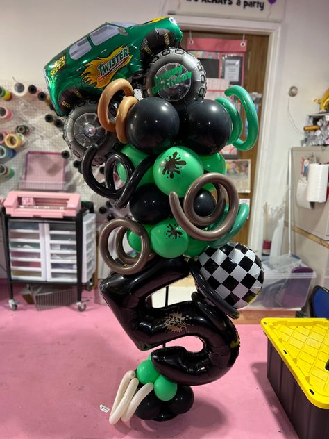 Monster Truck Balloon Bouquet, Balloons Columns, Monster Truck Birthday, Birthday Balloon Decorations, Fourth Birthday, Monster Jam, Balloon Columns, Balloon Bouquet, Monster Truck