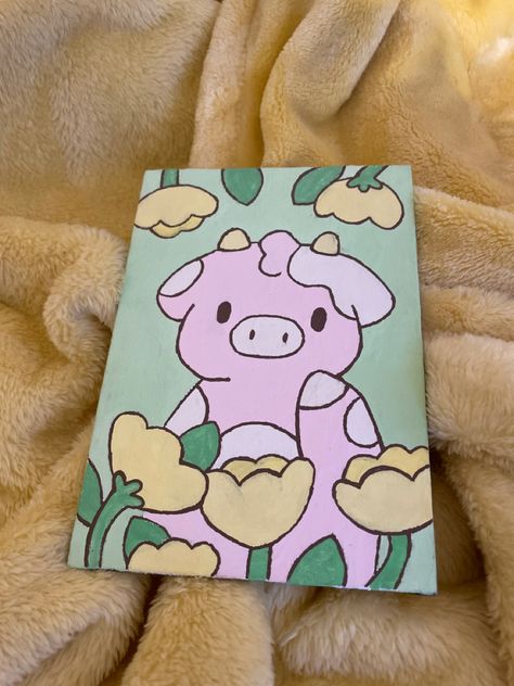 Things To Paint Simple Canvas, Aesthetic Cow Painting, Painting Ideas Paint Markers, Strawberry Cow Painting Canvas, Cute Cow Canvas Painting, Fluffy Cow Painting Easy, Cow Paintings On Canvas Easy, Cow Painting Ideas Easy, Acrylic Paint Painting